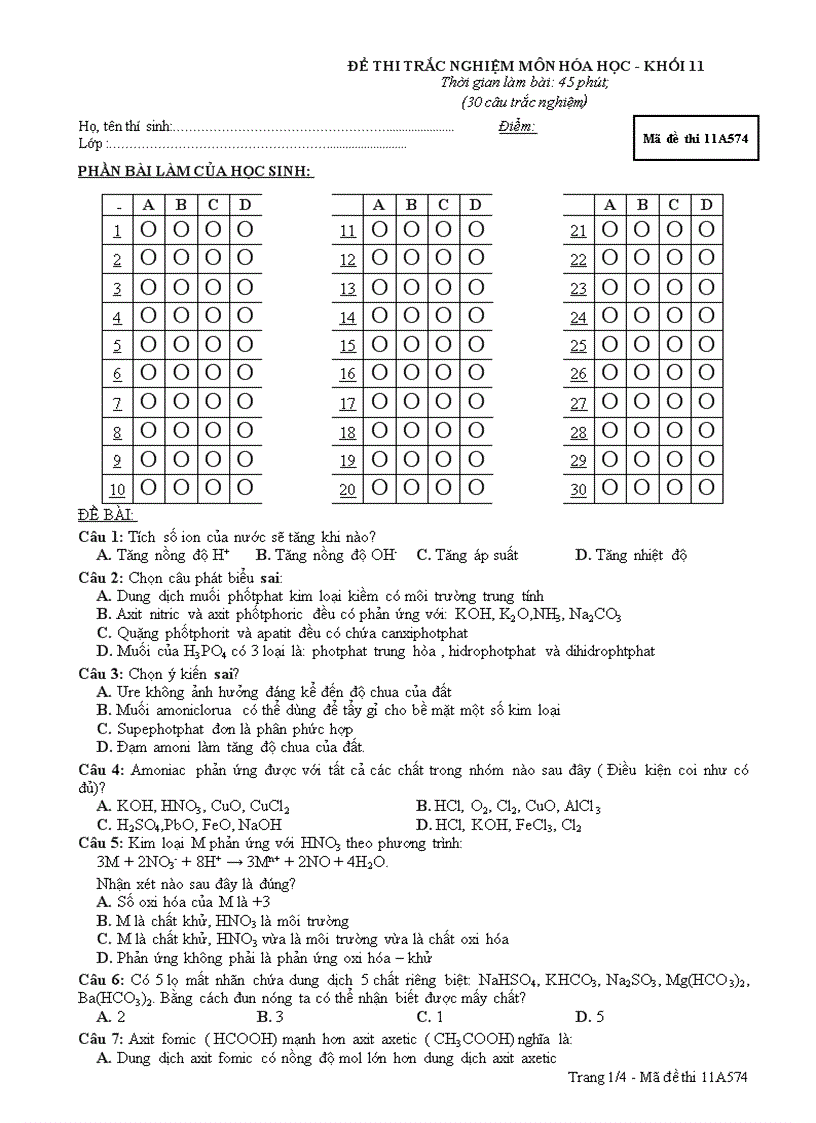Đề HD Hóa 11 Kỳ I số 5