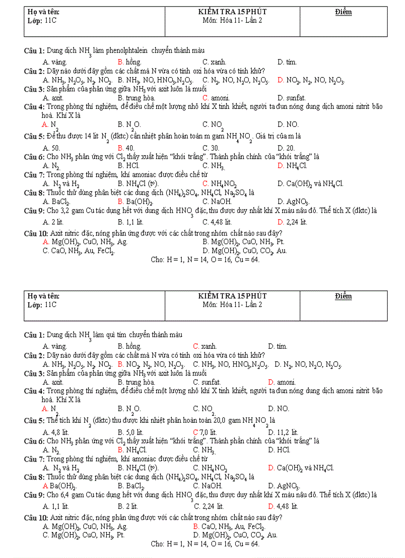 Kiểm tra 15 Nito Amoniac