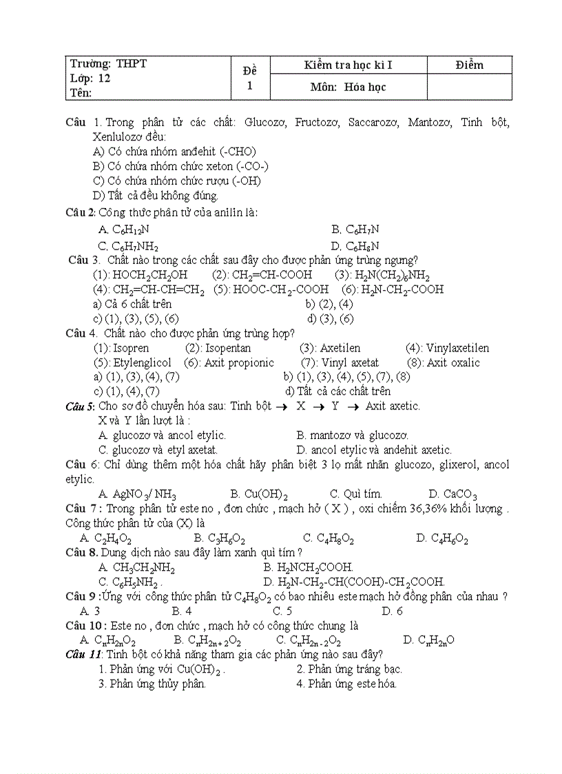 Đề thi học ki I lớp 12 hóa học
