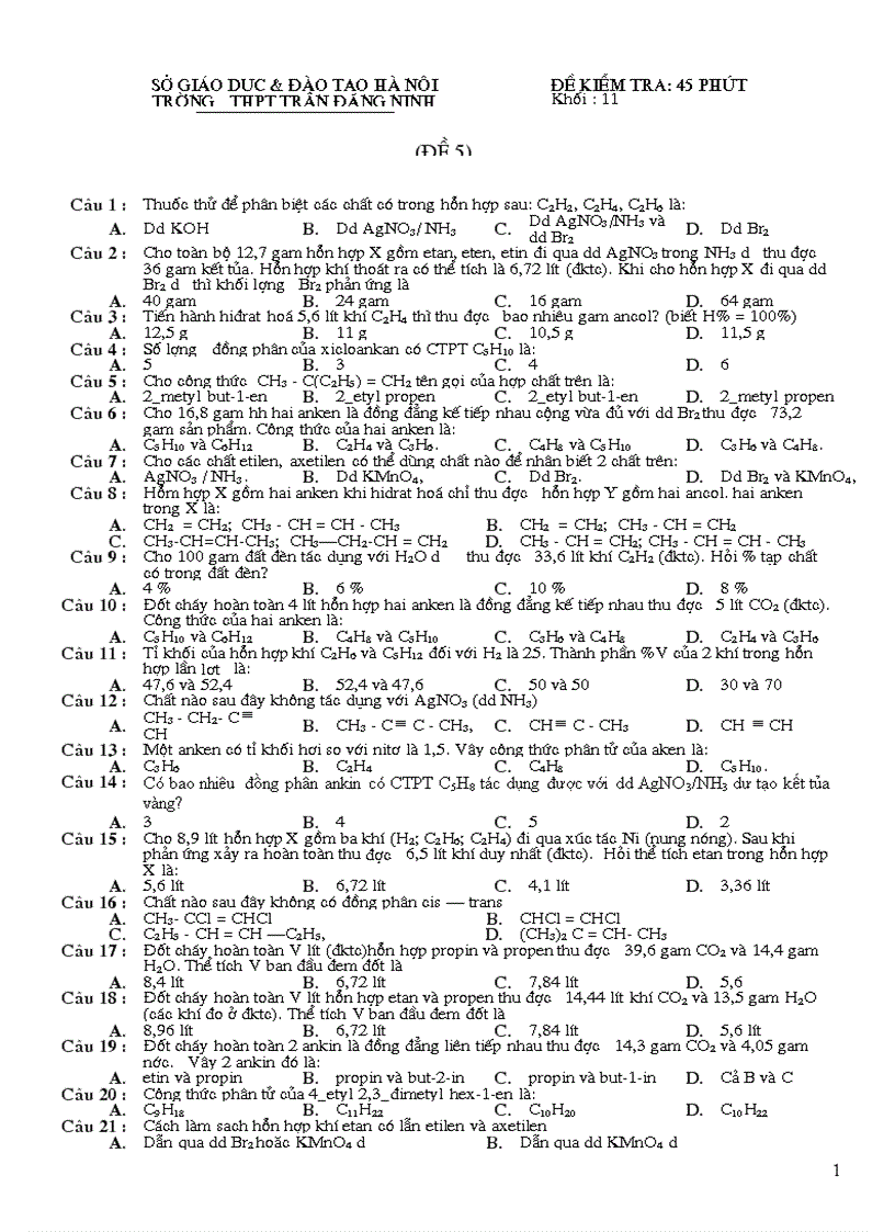 Đề thi chương hidrocacbon nâng cao co dap án