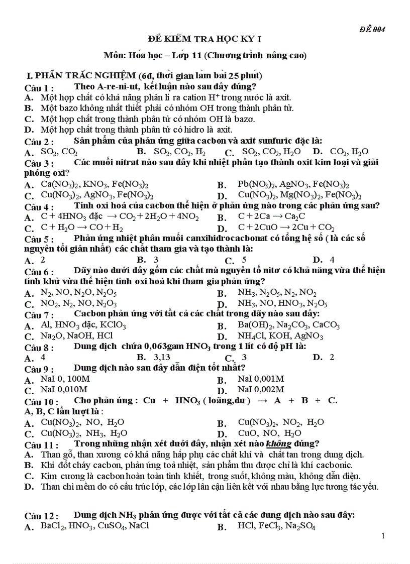 Đề mẫu thi HKI Hóa 11 số 6