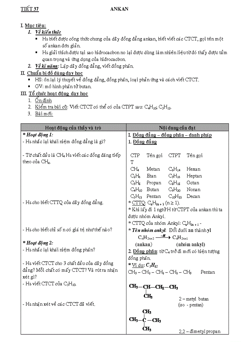 Tiết 37 Ankan tiết 1 ban cơ bản
