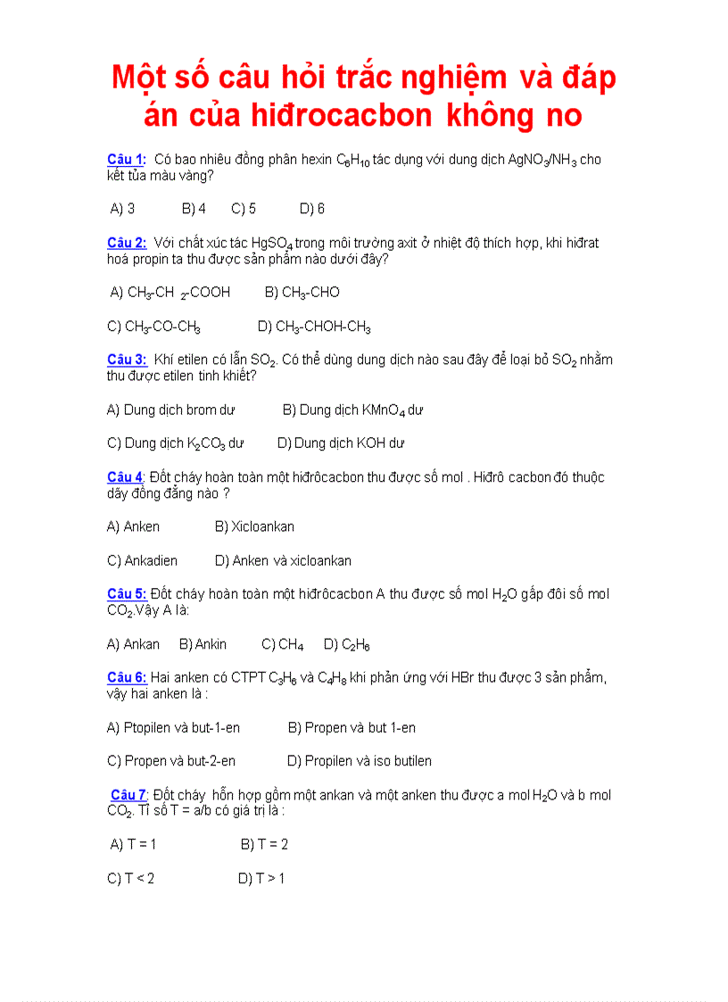 Một số câu hỏi trắc nghiệm và đáp án của hiđrocacbon không no