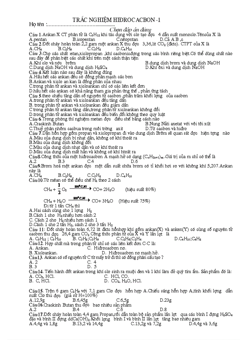 Trắc nghiệm hiđrocacbon