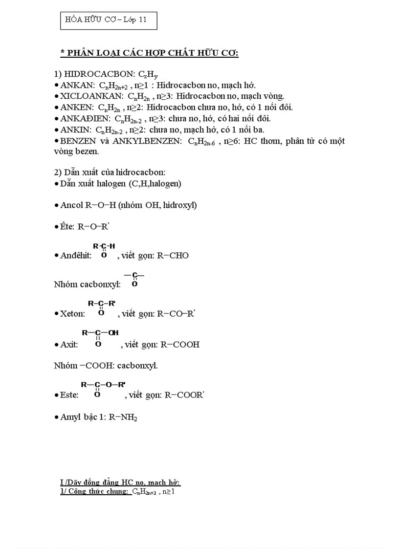 Tổng hợp và phân loại các hợp chất hữu cơ cách gọi tên danh pháp của các chất hữu cơ Lớp 11