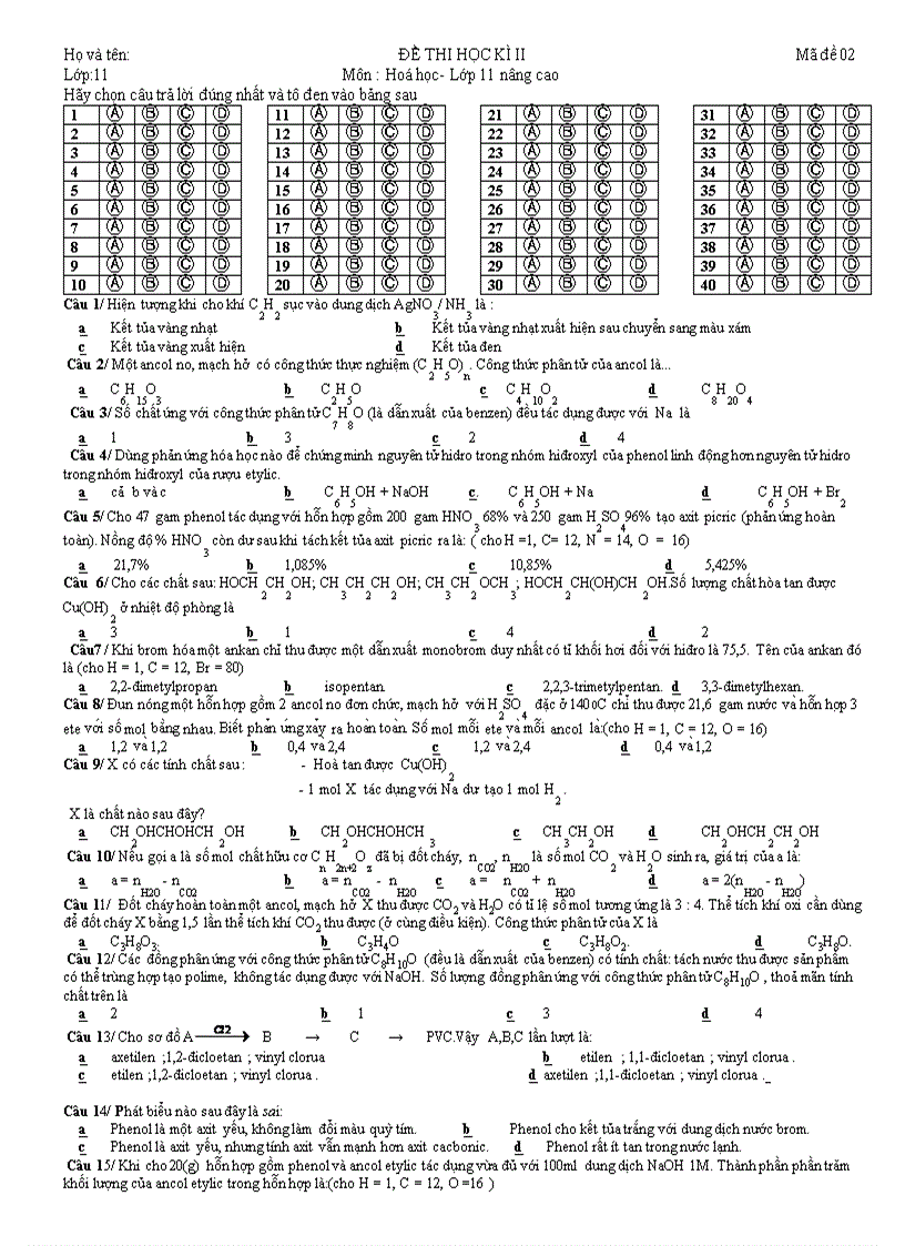 Đề mẫu Hoá 11 HK II số 14