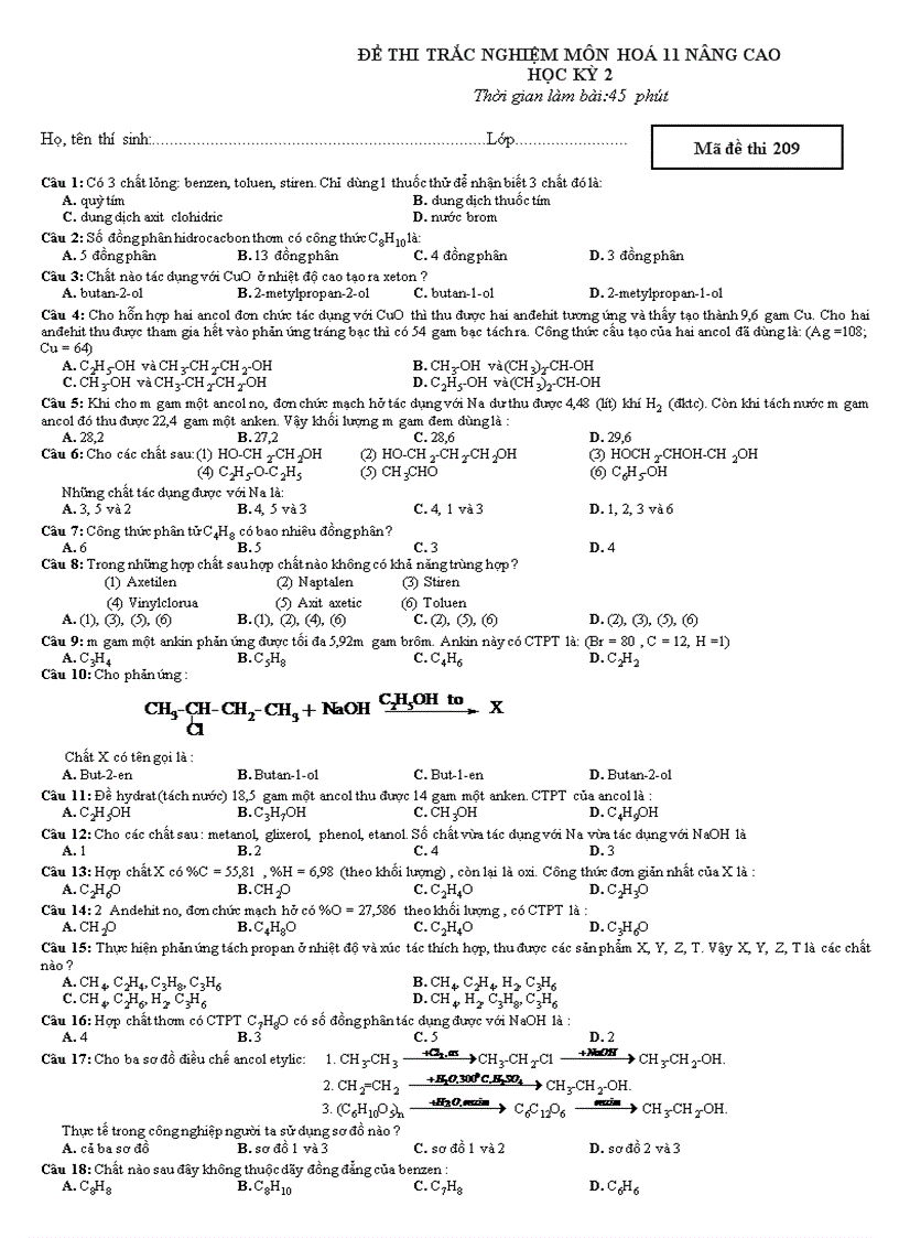 Thi thử HK II Hóa 11 số 7