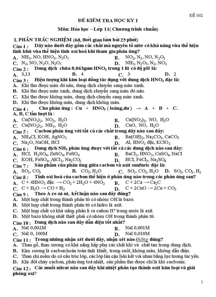 Đề HD Hóa 11 Kỳ I số 6