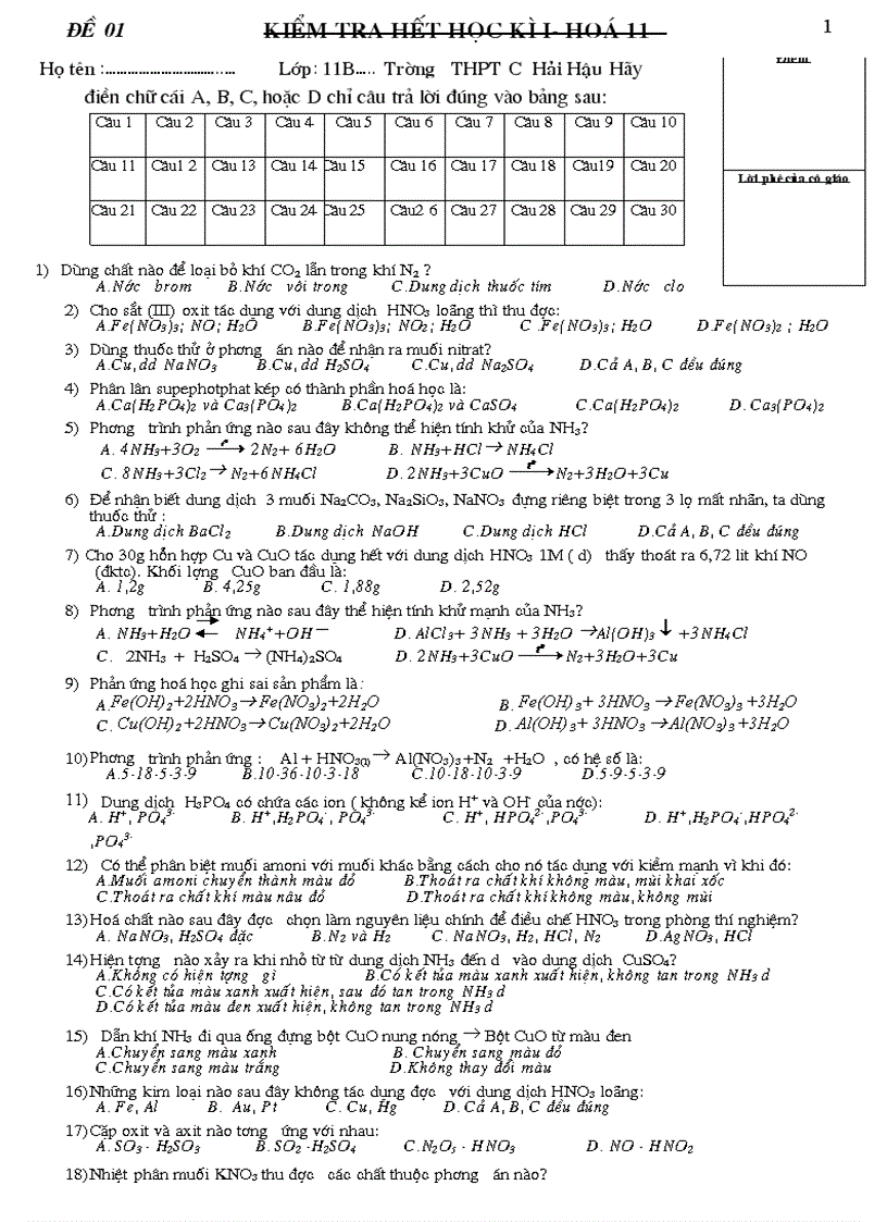 Đề thi hết học kì 1 Hóa hoc 11