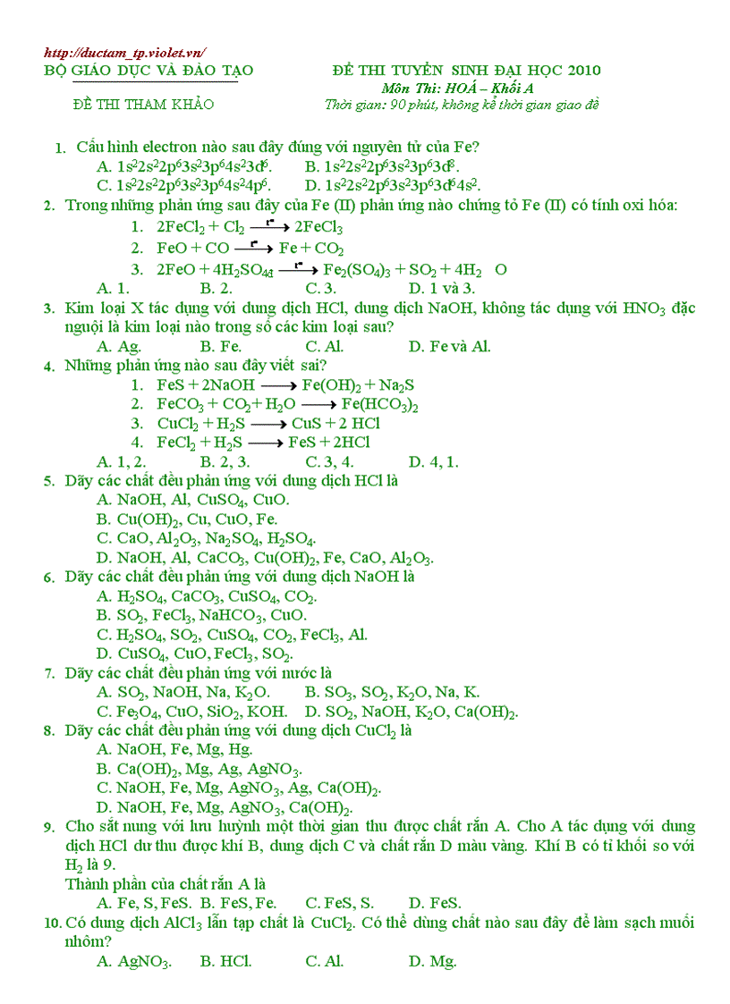 Đề và Đ án mẫu Hóa ĐH 2010 số 6