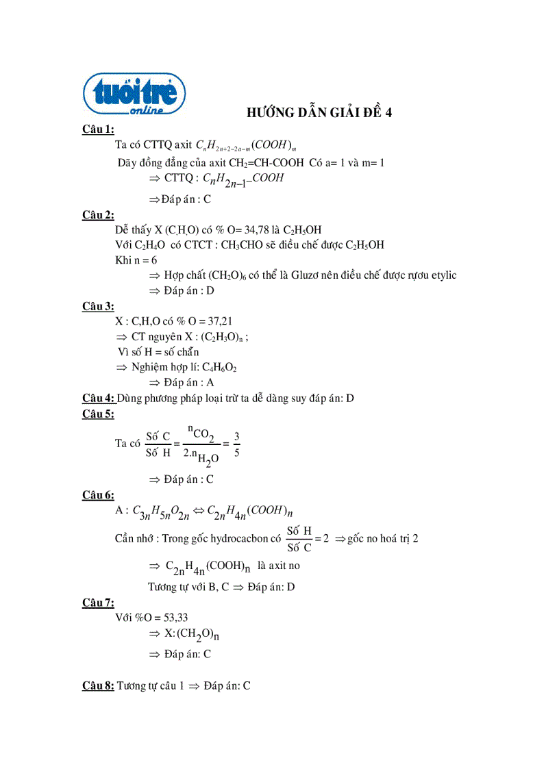 Hướng dẫn giải đề trắc nghiệm hóa 4