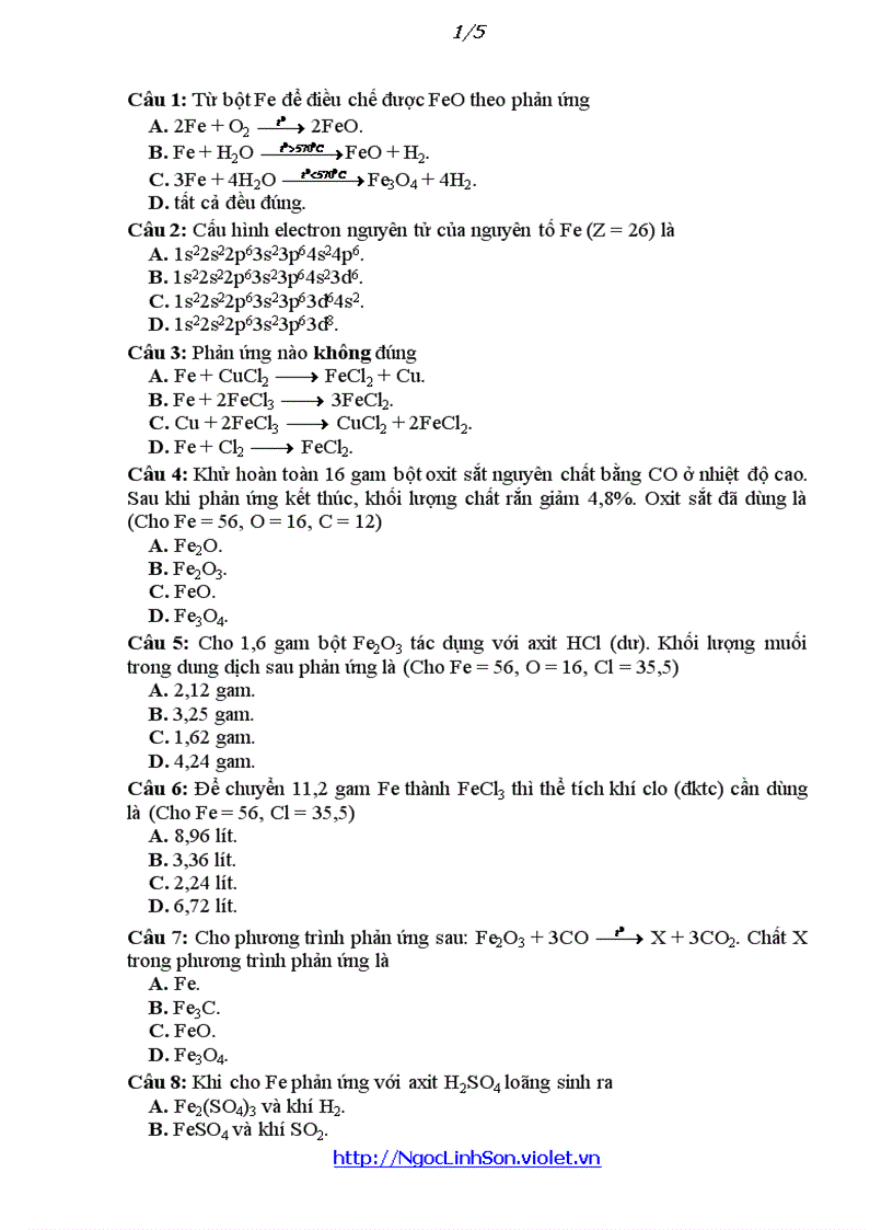Hóa 12 Trắc nghiệm Sắt kim loại khác