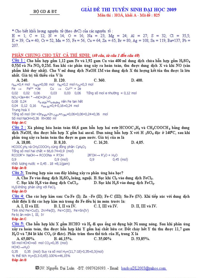 Giải chi tiết đề thi hoá 2009 hay lắm