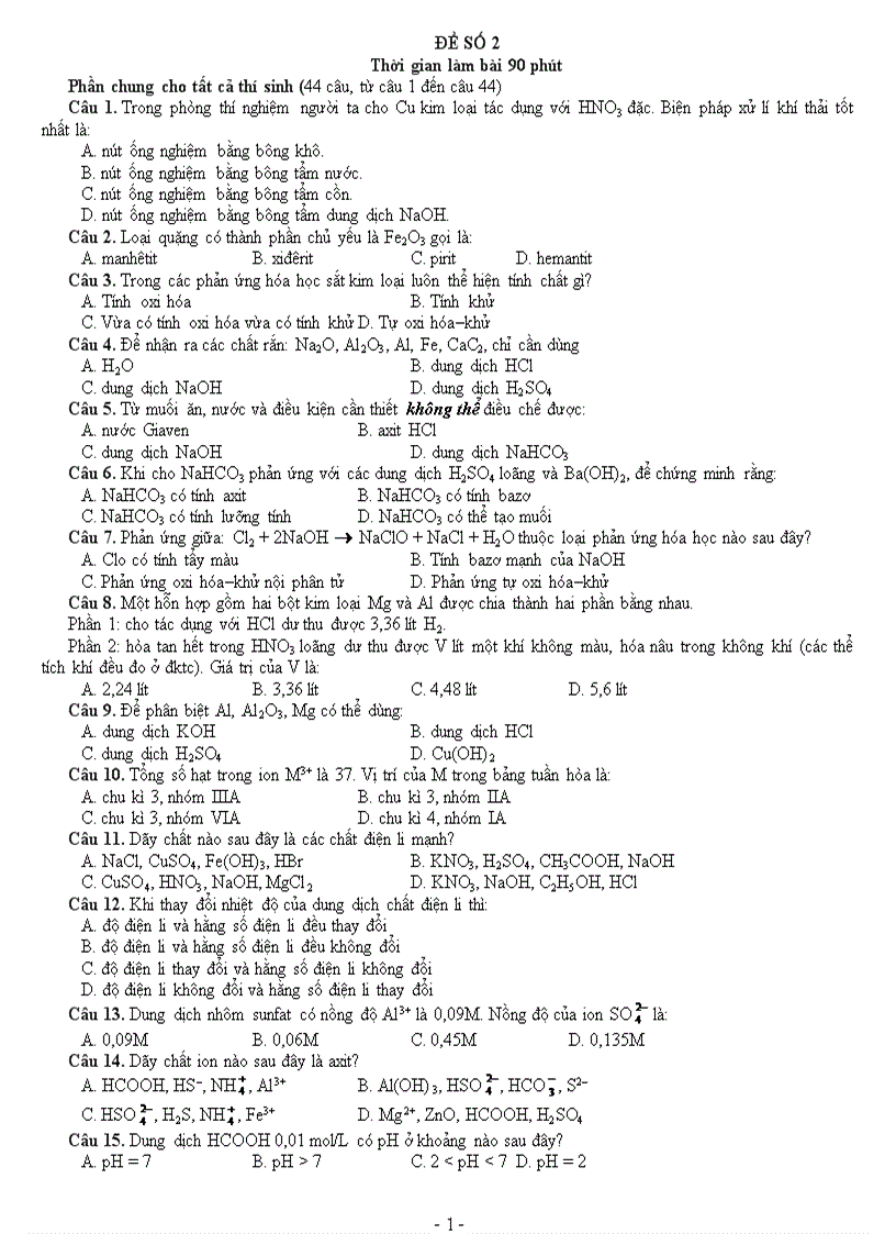 Đề trắc nghiệm hóa 90 số 2