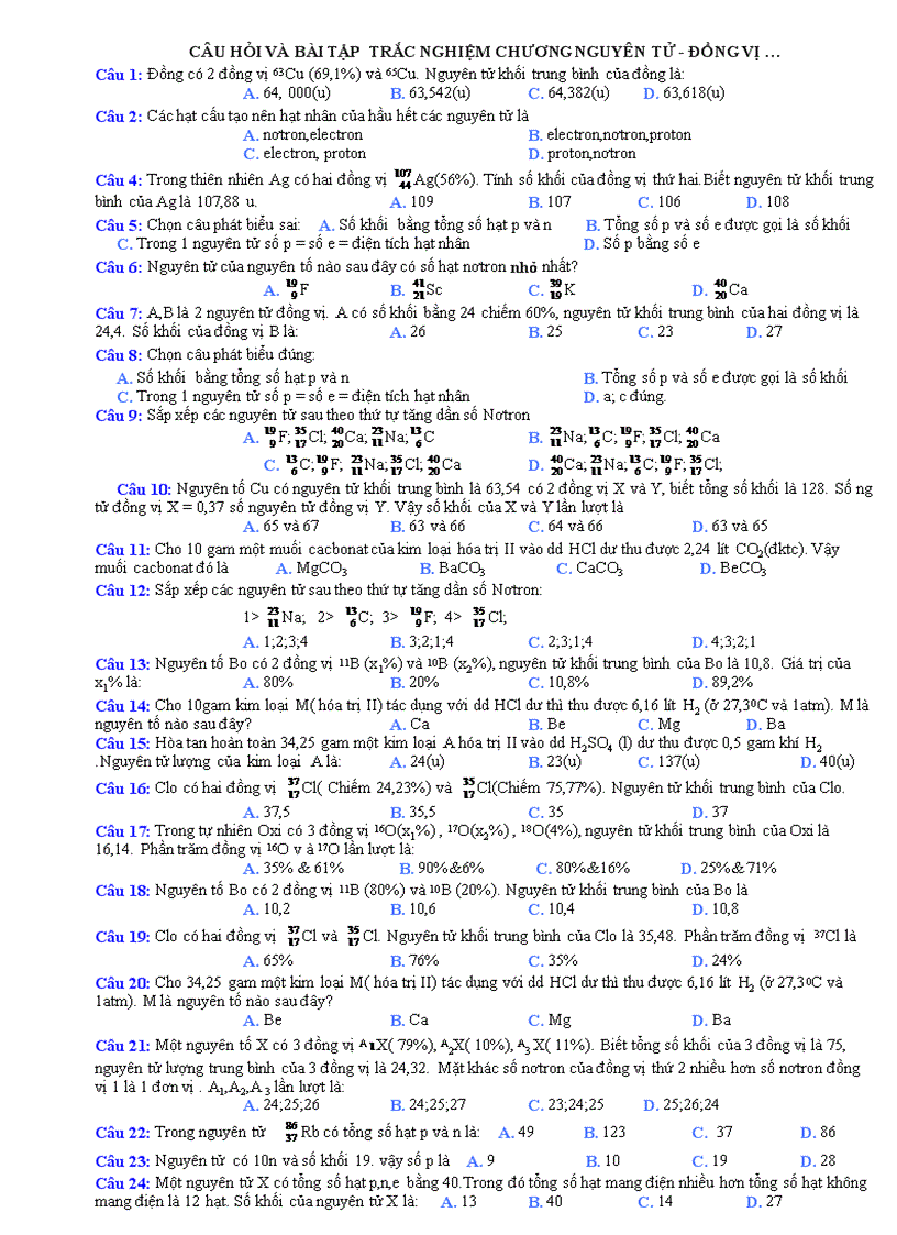 Tn ôn thi phần nguyên tử đvị