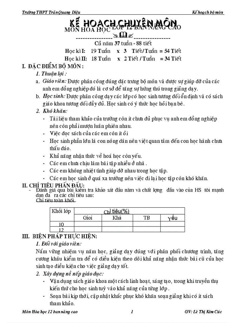 Kế hoach cá nhân lớp 12 nâng cao cực hay