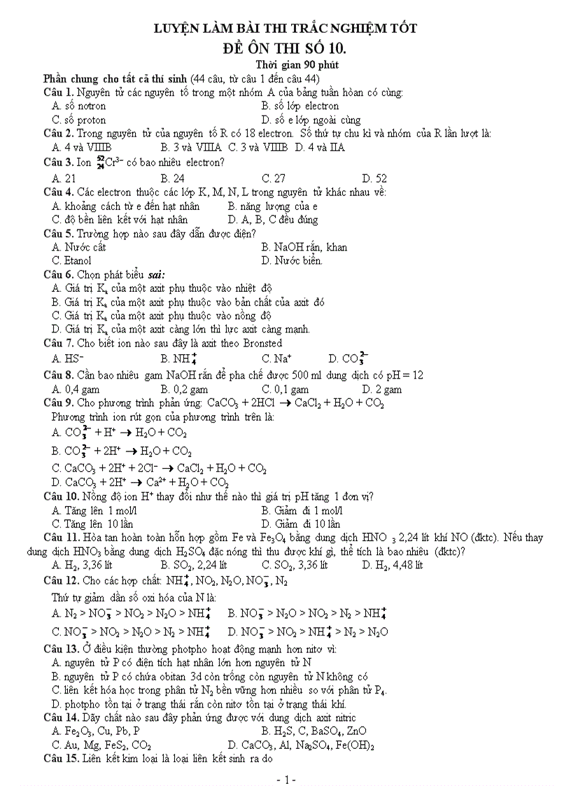 Luyện thi Hóa 12 số 10
