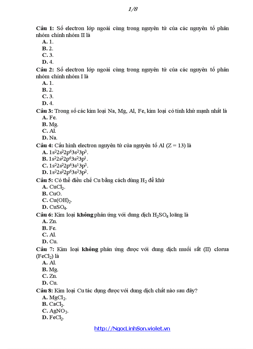 Hóa 12 Trắc nghiệm Đại cương kim loại