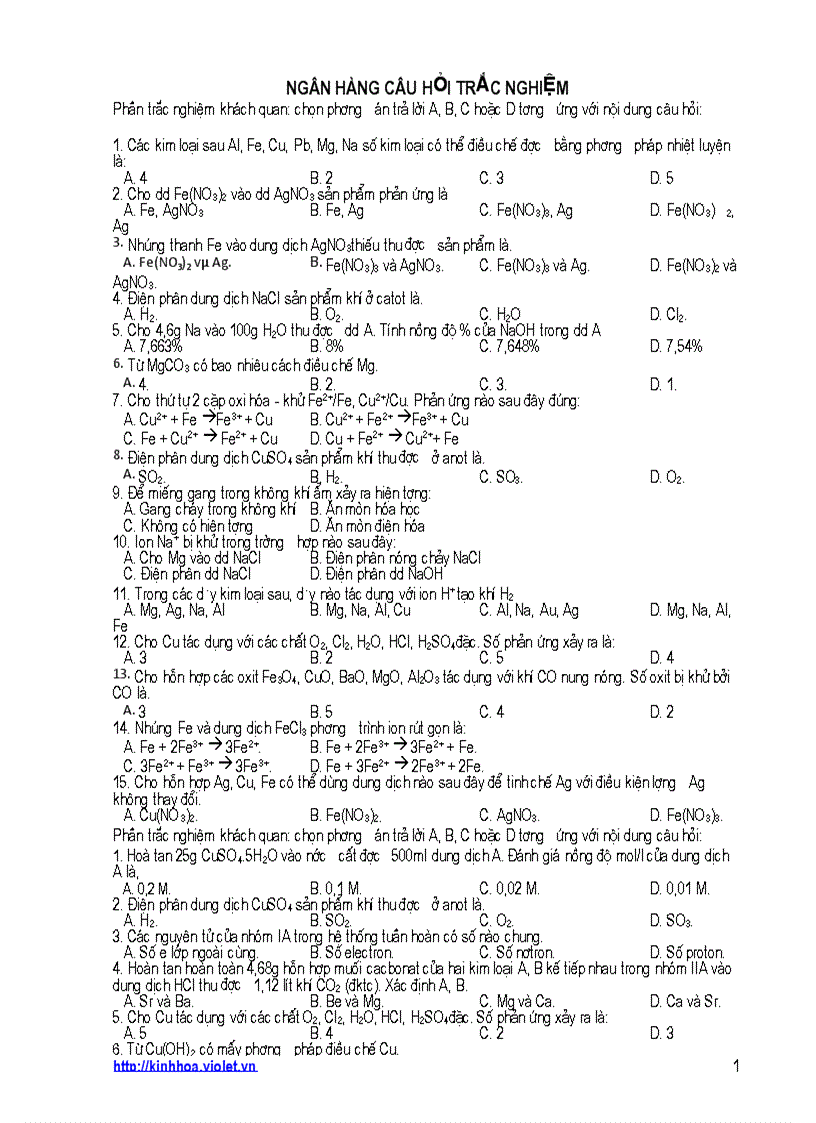 Ngân hàng câu hỏi TN hoá học