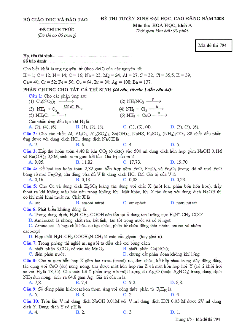 Đề và đáp án HOA nam 2008 nhanh len ma xem