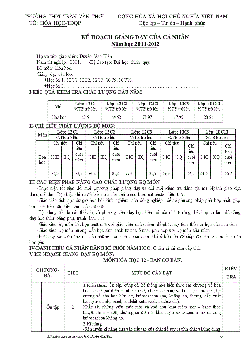 Kh giảng dạy hóa 10 12 cb
