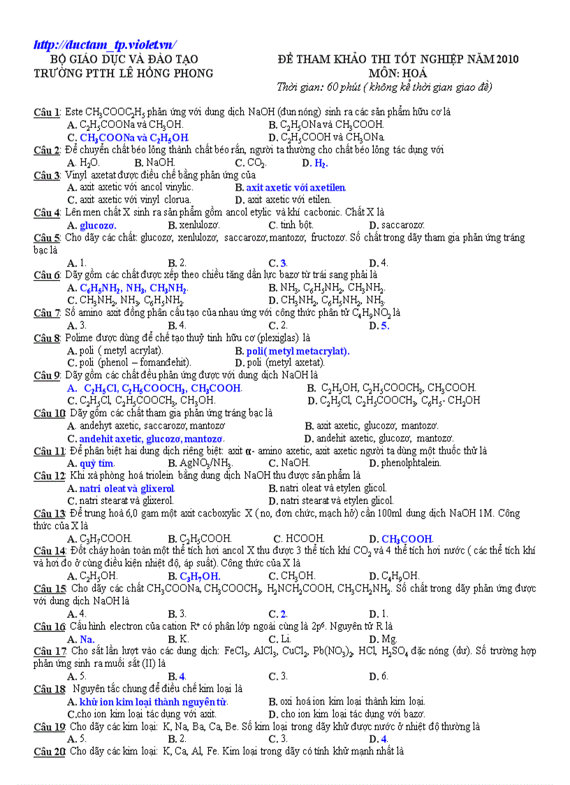 Đề HD Hóa TN Lê Hồng Phong