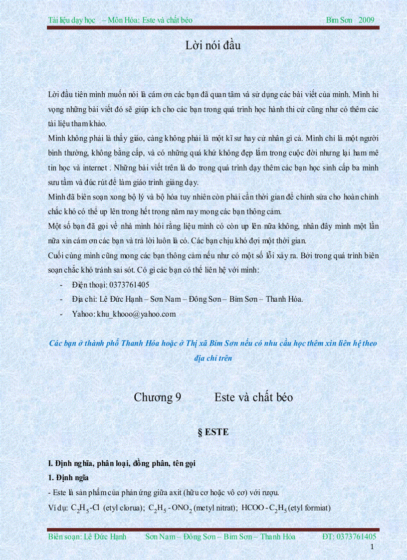 Ôn tập Phần este và chất béo