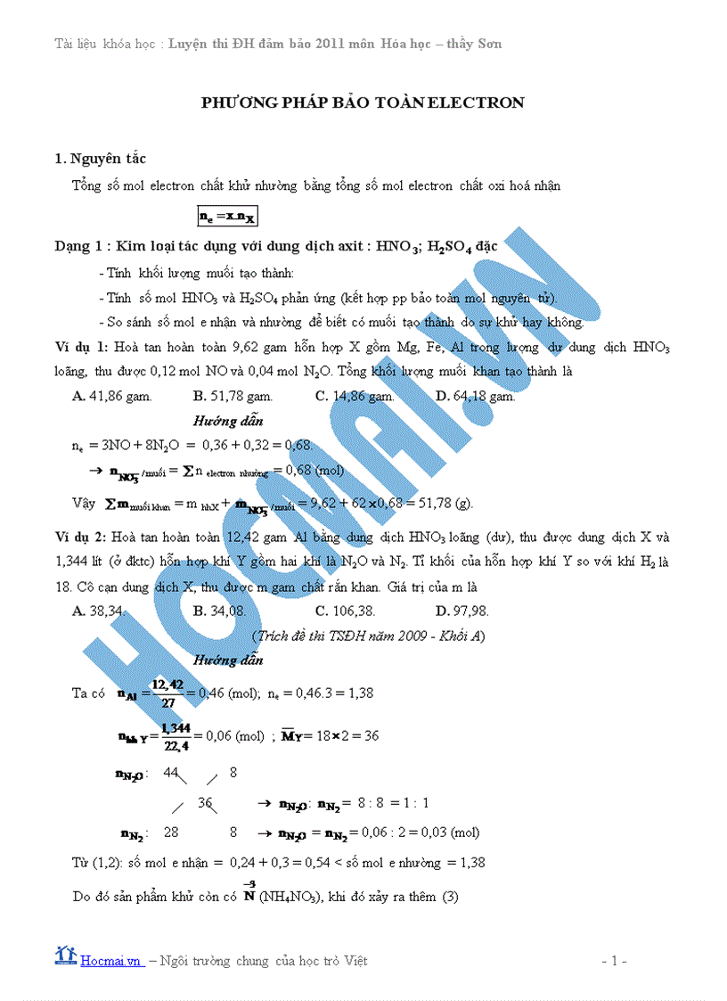 Phương pháp bảo toàn mol electron