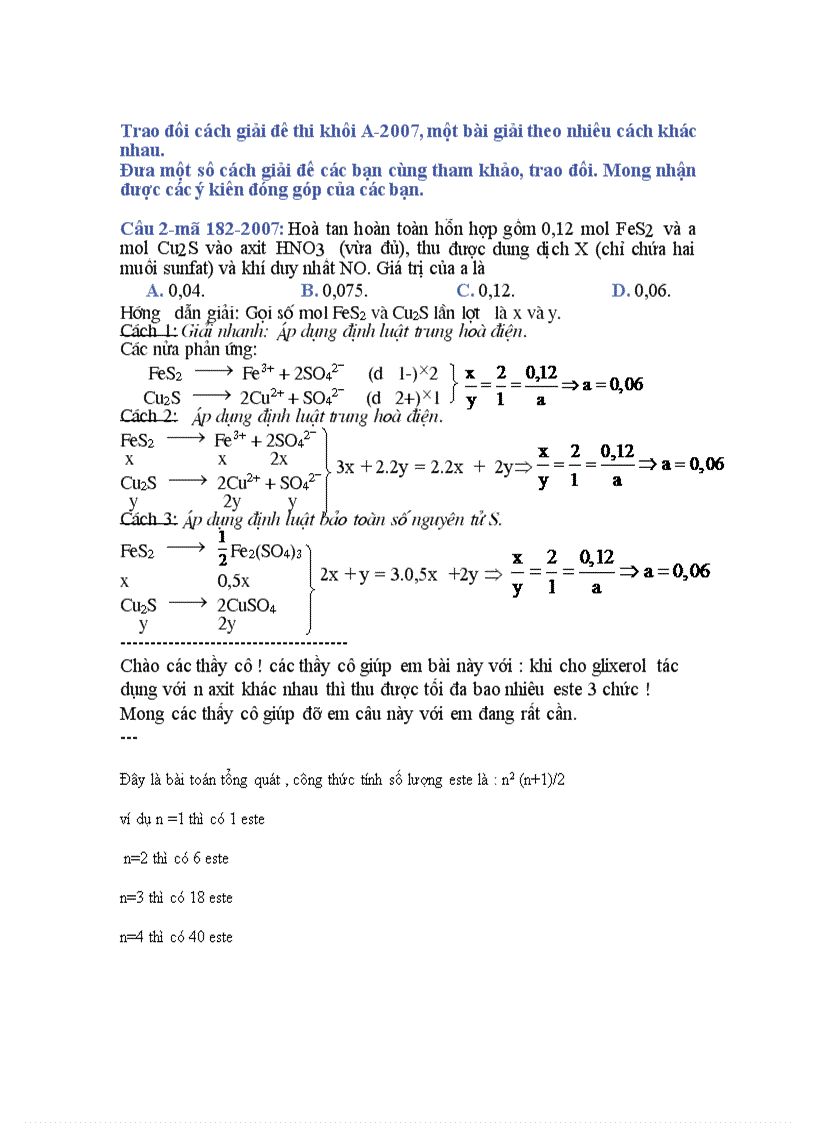 Trao đổi cách giải một bài tập Hóa khối A 2007