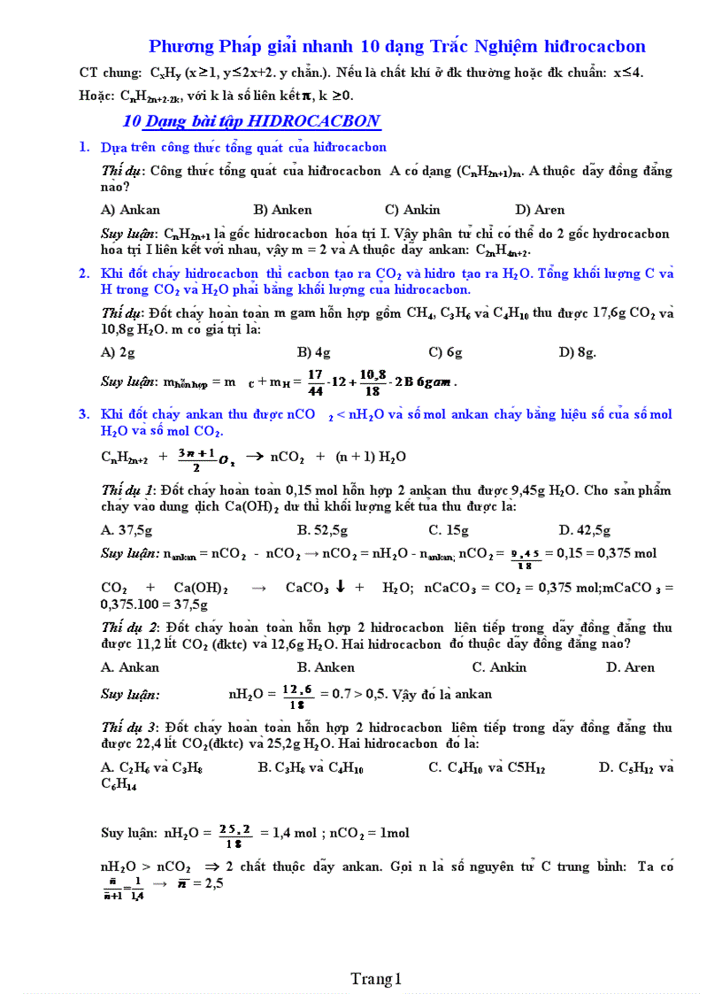 Phương pháp giải nhanh trắc nghiệm Hydrocacbon