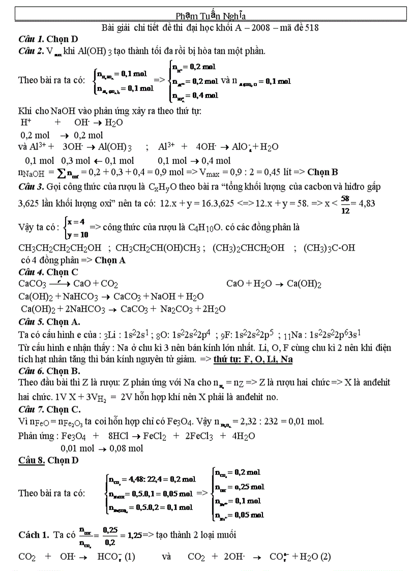 Giải chi tiết đề đại học khối A 2008