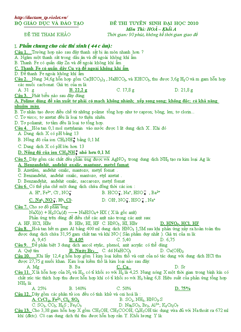 Đề và Đ án mẫu Hóa ĐH 2010 số 10