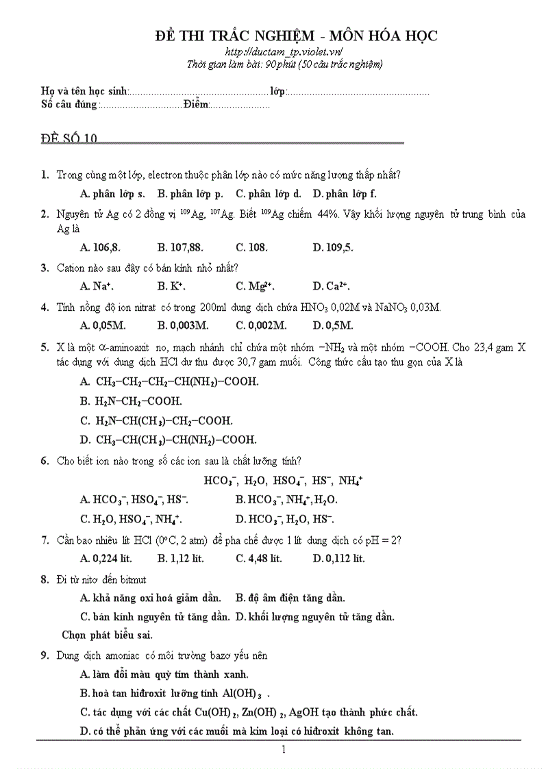 Tuyển tập Hóa TN 2010 số 10
