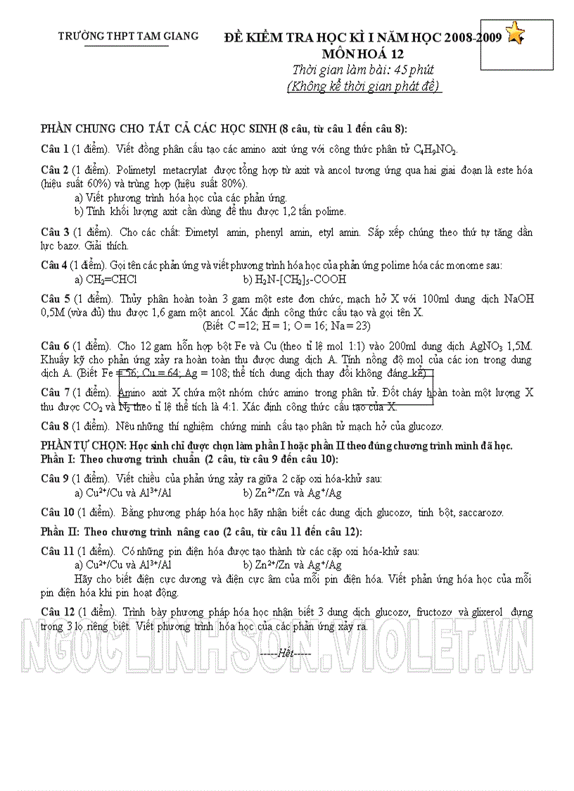 H12 Đề đáp án kiểm tra học kỳ I Hóa học 12