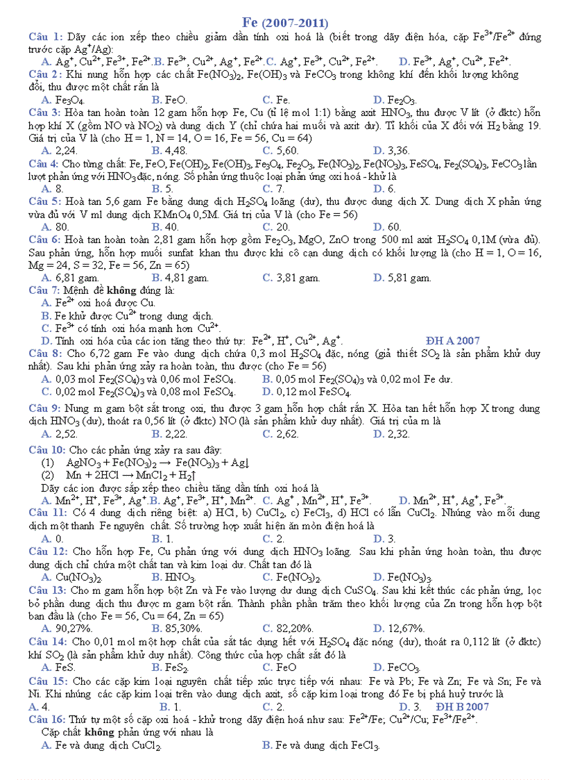 Tong hop Fe ĐH CĐ 2007 2012