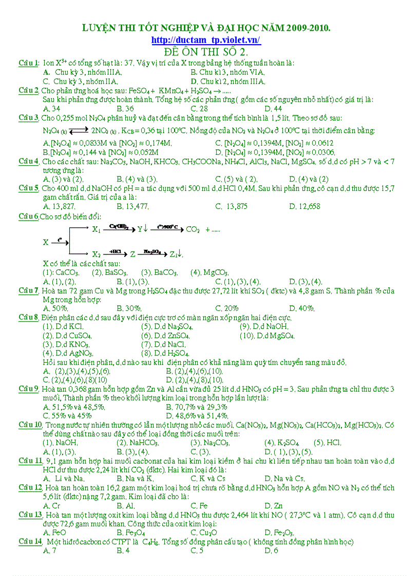 Tuyển sinh ĐH Hóa 2010 số 2