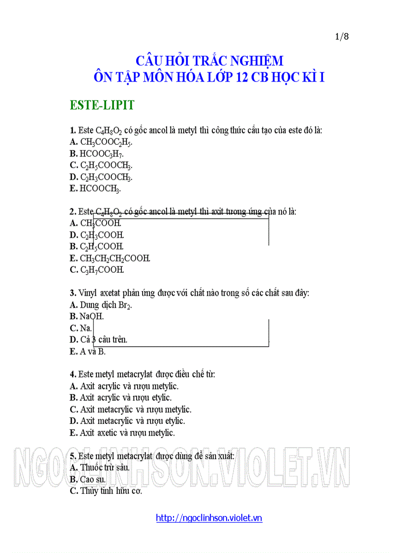 H12 Este Lipit Câu hỏi trắc nghiệm ôn tập thi kiểm tra Hóa học 12 Học kỳ I