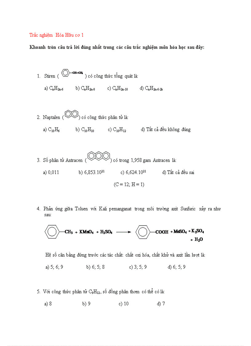 Trắc nghiệm hữu cơ 1