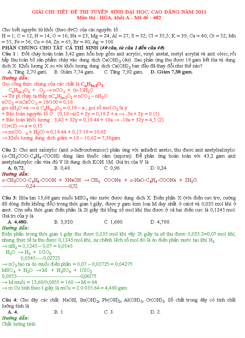 Giải chi tiết đề thi đh và cđ môn hóa năm 2011