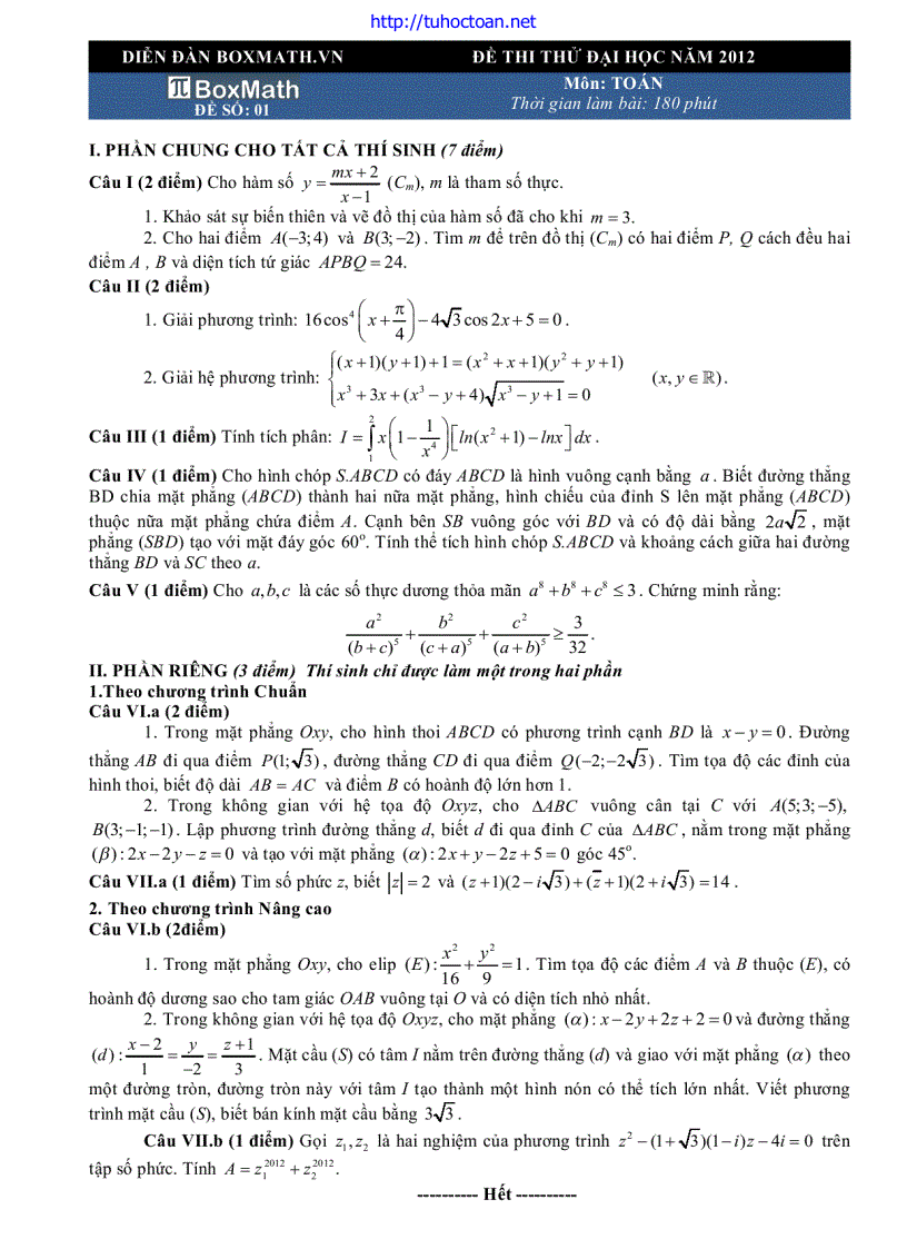 Đề thi thử số 1 DH môn toán 2012