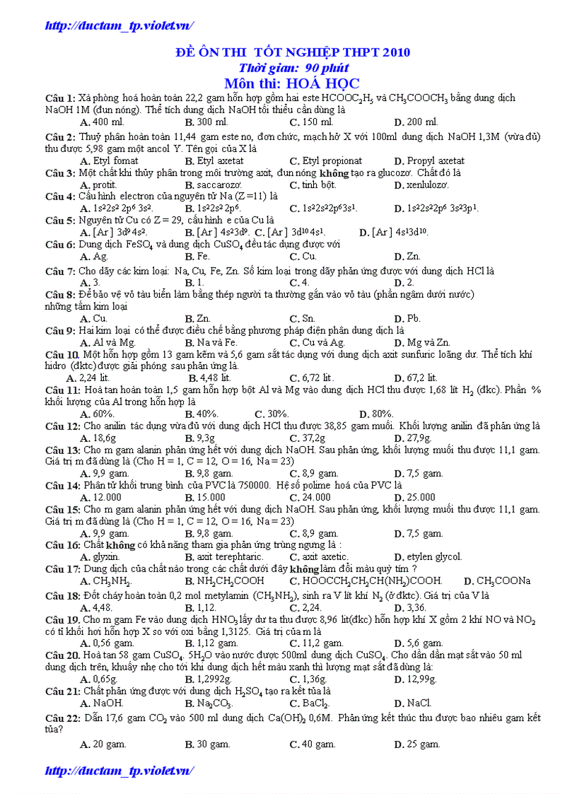 Thi Thử TN Hóa 2010 số 5