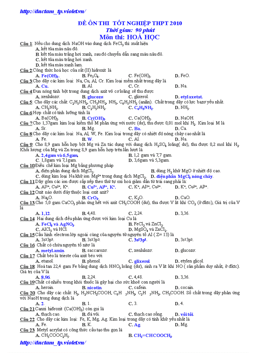 Thi Thử TN Hóa 2010 số 2