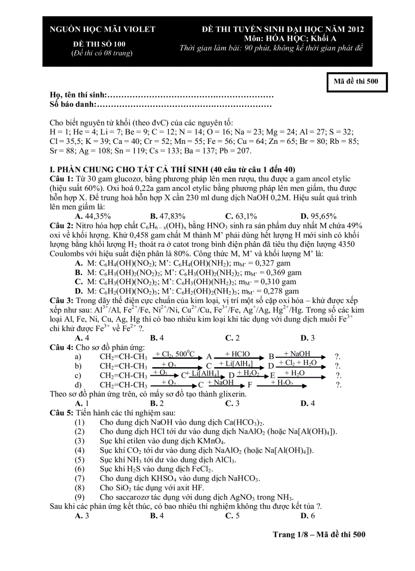 Xem thử đề thi thử đại học môn hóa năm 2012