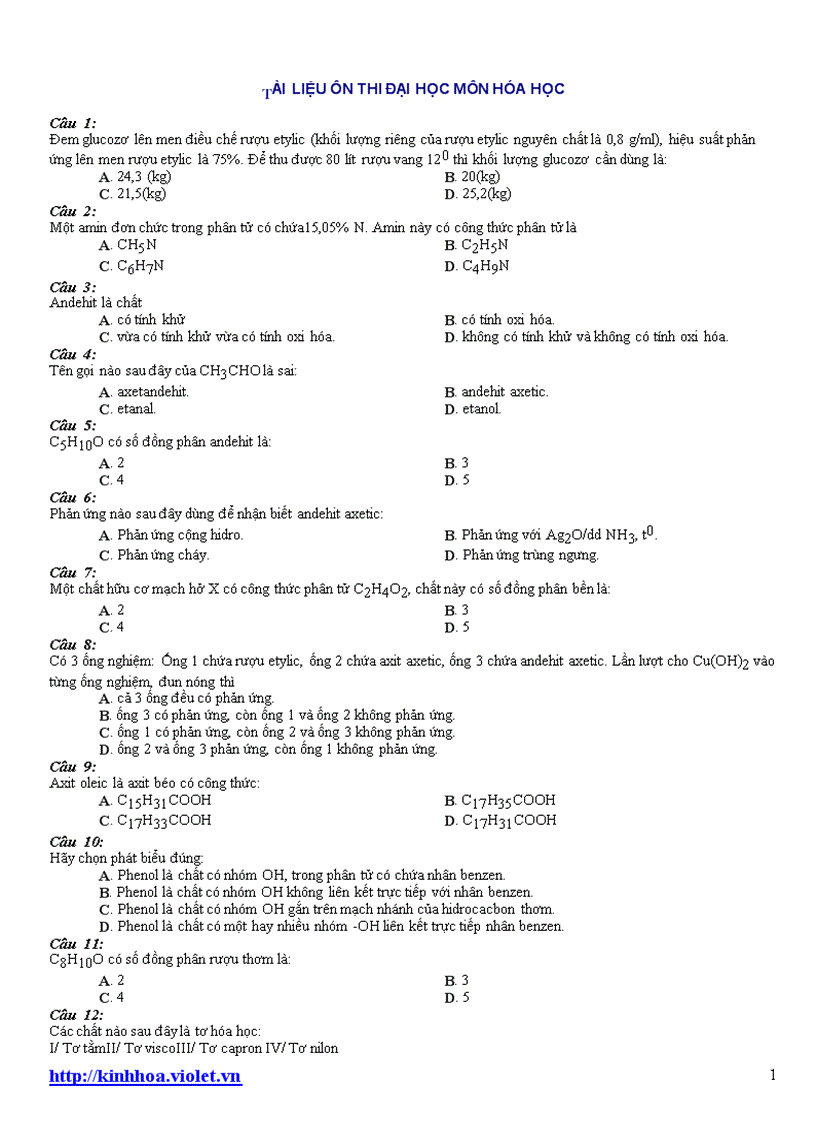 Tài liệu ôn thi ĐH môn hóa