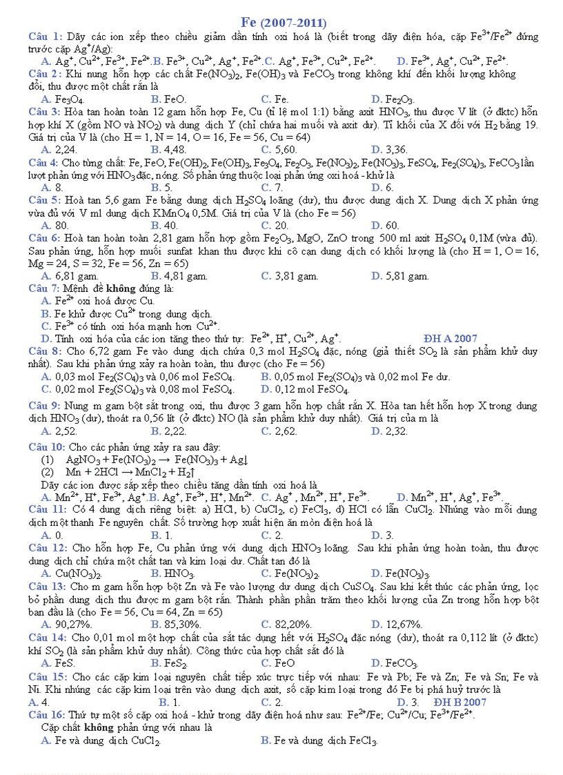 Sắt trong đề thi đh cđ 2007 2011