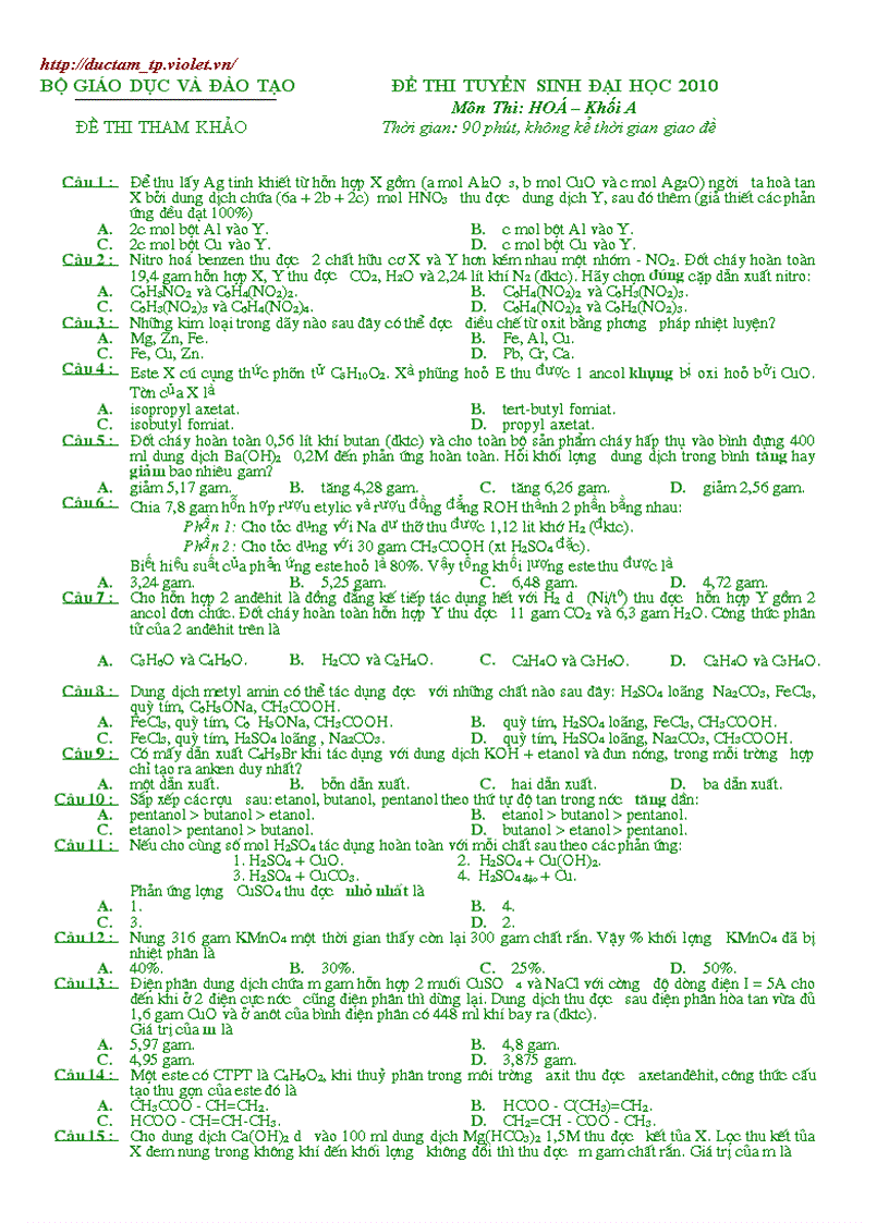 Đề và Đ án LTĐH Hóa 15