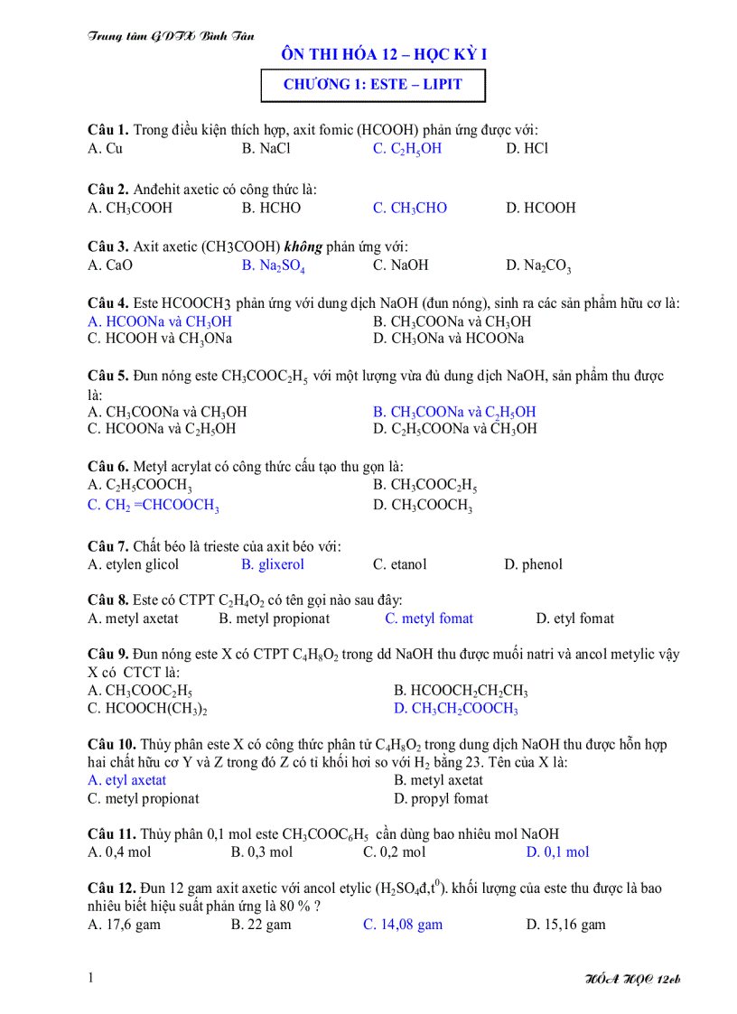 Ôn tập hóa 12 gdtx hk1