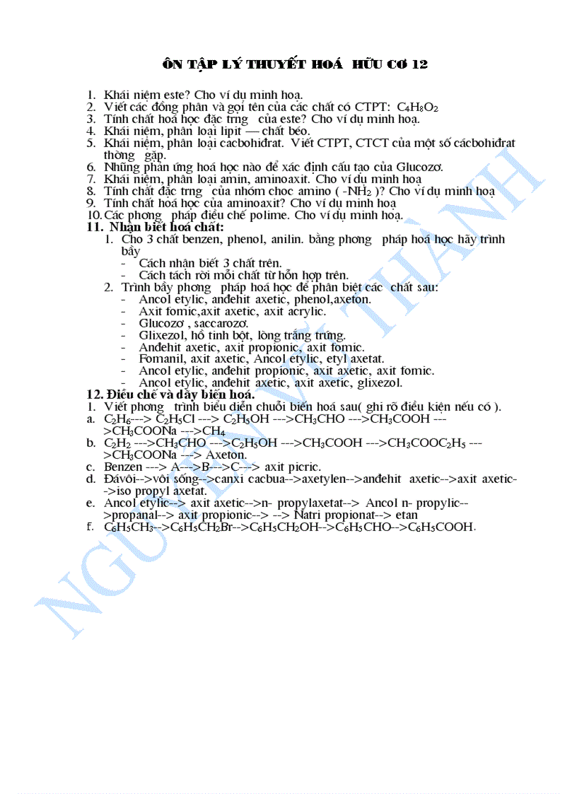 Một số câu hỏi lý thuyết hóa hữu cơ 12