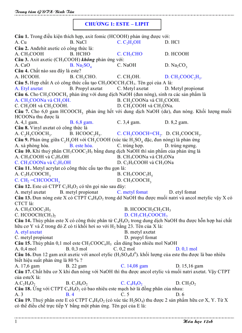 Ôn tập Este Lipit gdtx