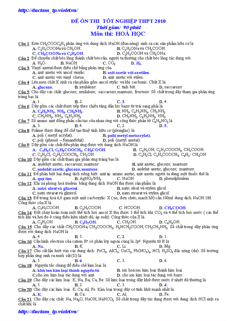 Thi Thử TN Hóa 2010 số 1